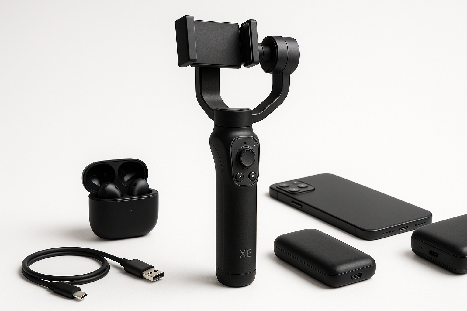 Generate a professional image of a smart XE Giimbal stabilizer and other products it is for the home page